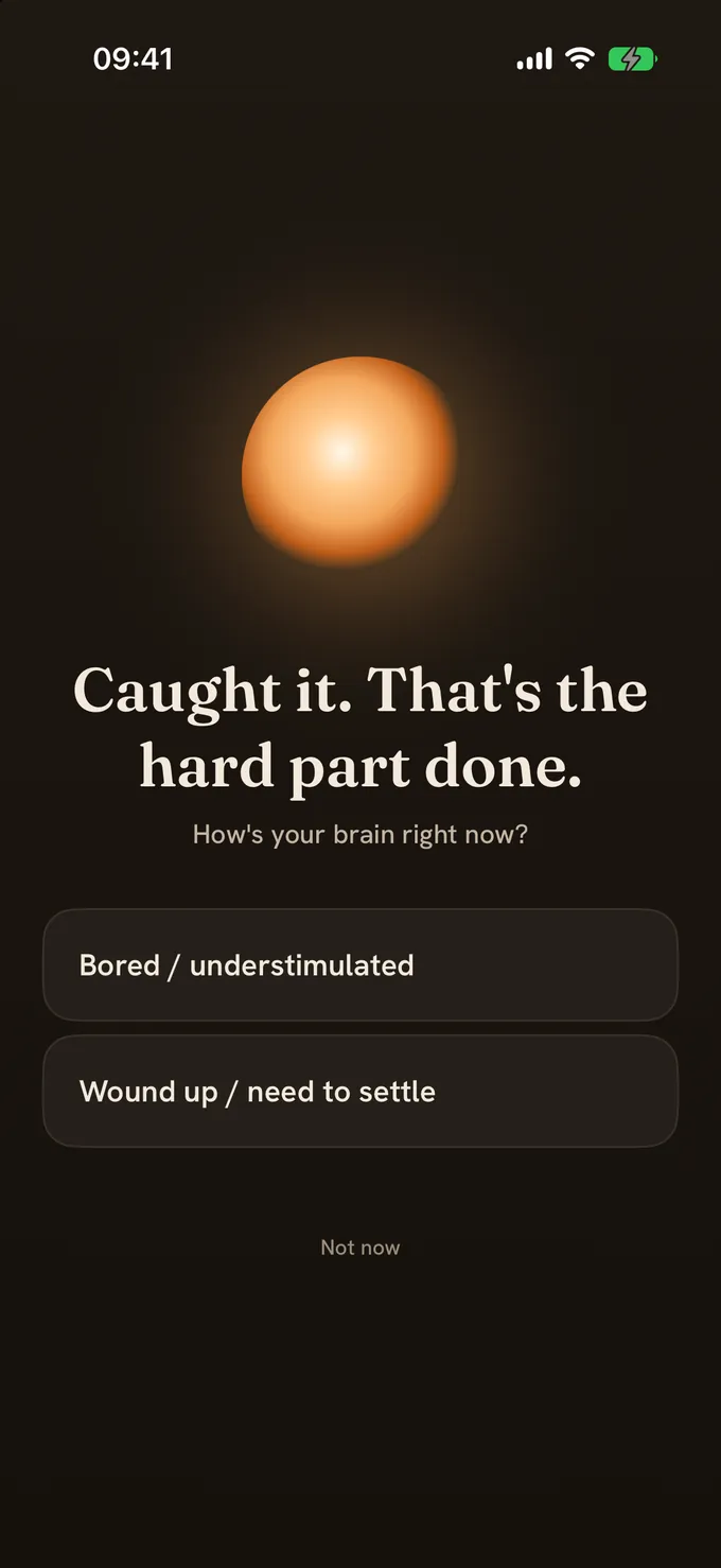 The Mote reward chooser: 'Caught it. That's the hard part done.' with two paths, 'Bored / understimulated' and 'Wound up / need to settle'.