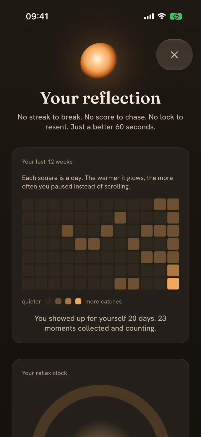 The Mote reflection screen: 'Your reflection', a warm year-in-pixels heatmap, and 'You showed up for yourself 20 days. 23 moments collected and counting.'