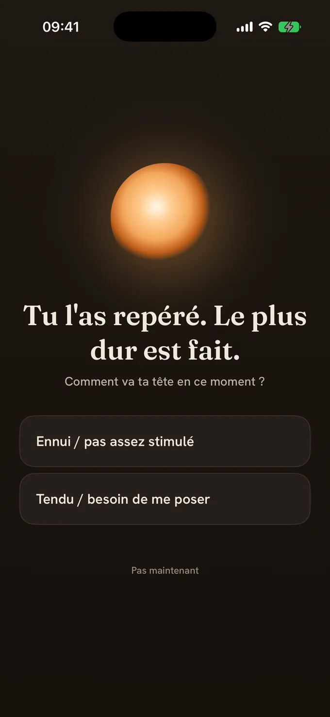 Le sélecteur de récompense de Mote : « Rattrapé. Le plus dur est fait. » avec deux voies, « Ennui / sous-stimulé » et « Suractivé / besoin de me poser ».