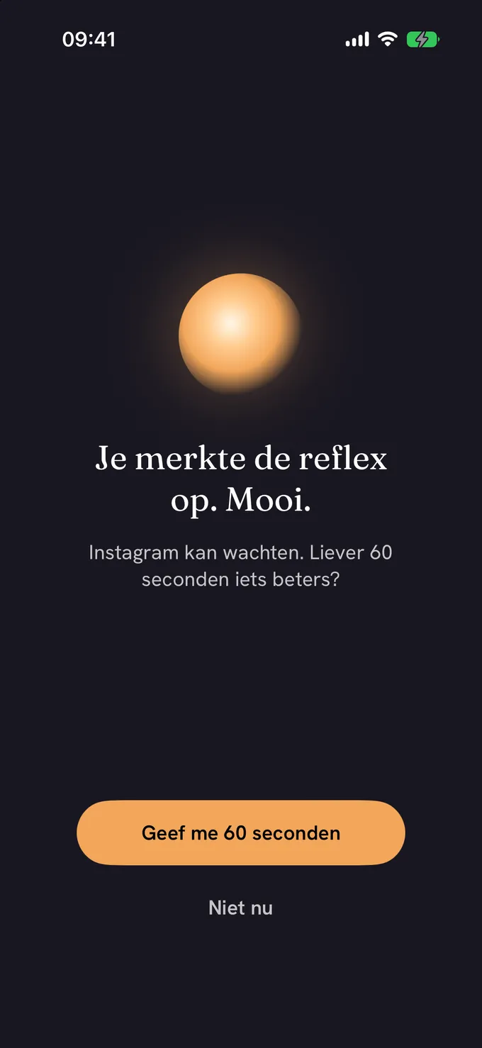 Het vangstscherm van Mote: een warm amberkleurig bolletje, de boodschap dat de reflex is opgevangen en de knop Geef me 60 seconden.